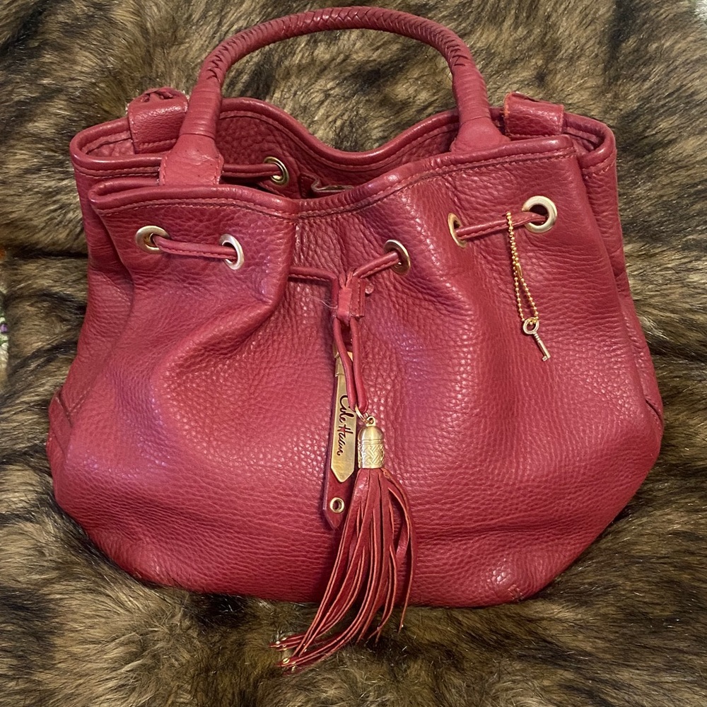Red Leather Drawstring Bag